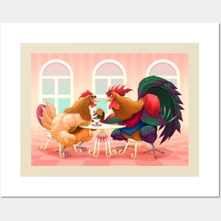 Hen and rooster in a cafè Posters and Art